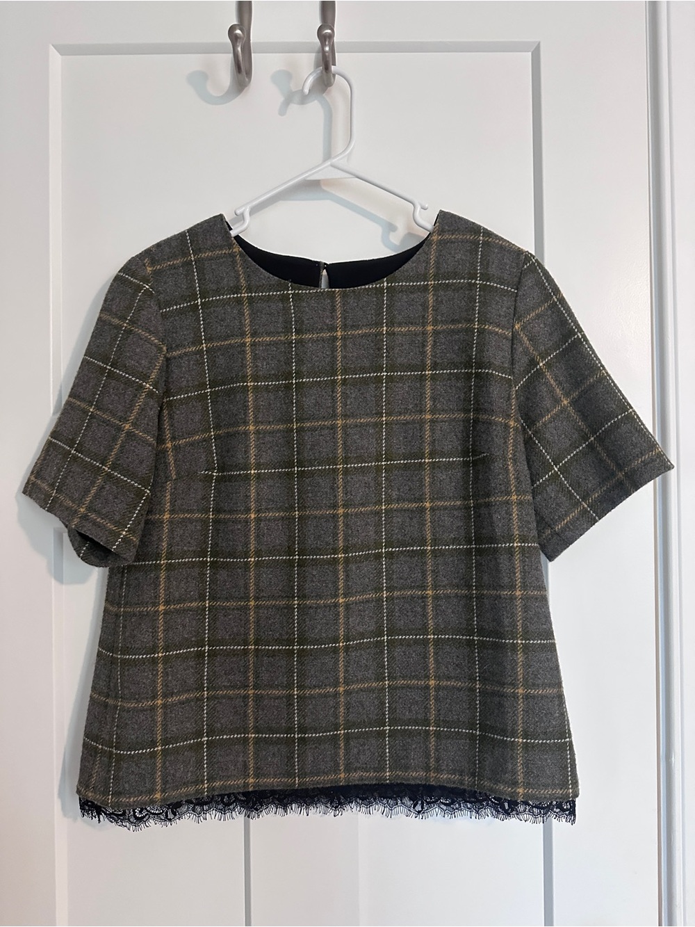 Banana Republic Gray Plaid Short-Sleeve Top with Black Lace Trim
